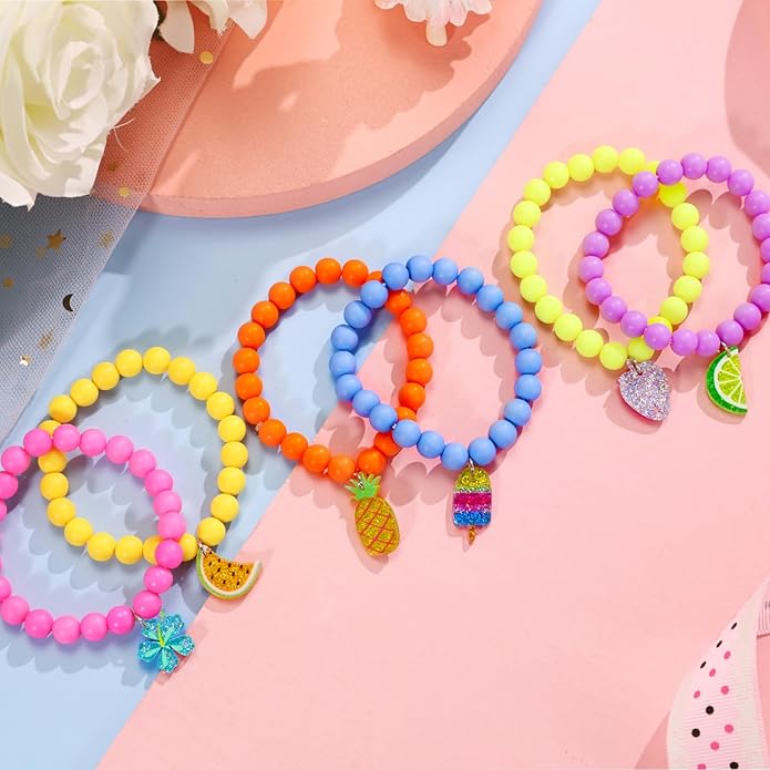 PinkSheep Unicorn Beads Pendant Bracelet for Kid Girl, 6PC, Rainbow Monster Sun Flower Heart Meteor Charm Friendship Bracelet Good Friend Gift