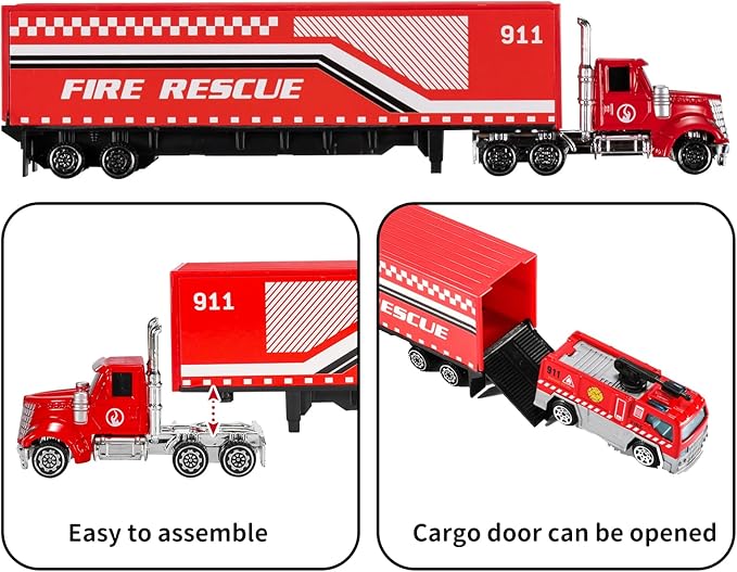 TEMI Diecast Emergency Fire Rescue Vehicle Toy Set w/Play Mat, Truck Carrier,Ambulance, Alloy Metal Fighting Car for 3 4 5 6 Years Old Toddlers Kids Boys and Girls