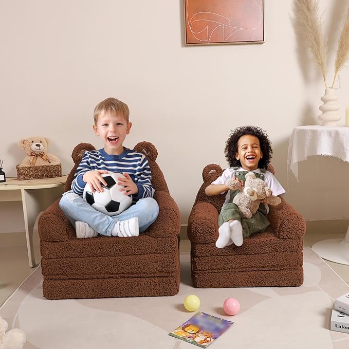 Foldable Kids Sofa, Sherpa Teddy Bear Toddler Couch with Tri Folding Foam Cushions, Comfy Kids Couch for Kids Age 18 Months and Up