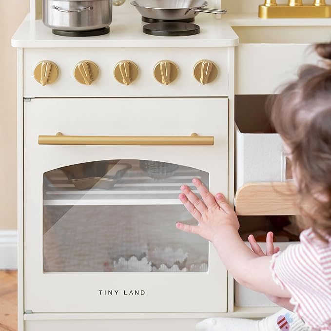 Tiny Land Play Kitchen for Kids, Wooden Play Kitchen with Toy Storage System, Toy Kitchen Set with Plenty of Play Features, Kids Play Kitchen Designed, Gift for Ages 3+