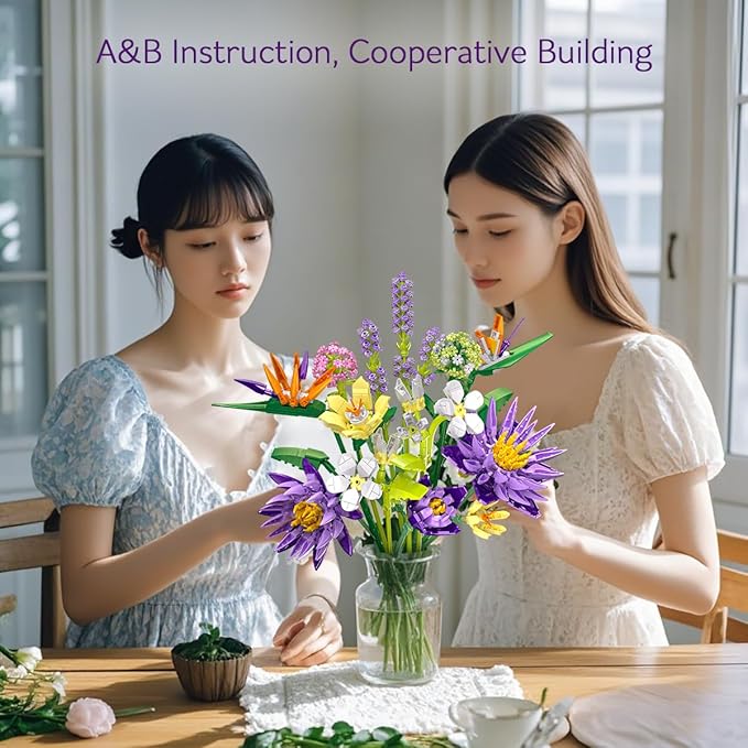 BIGEARN Flower Building Toy Set for Adults, 891 PCS Bouquet Building Set with 13 Unique Stems for Home Decor, Ideal Gift for Any Occasion