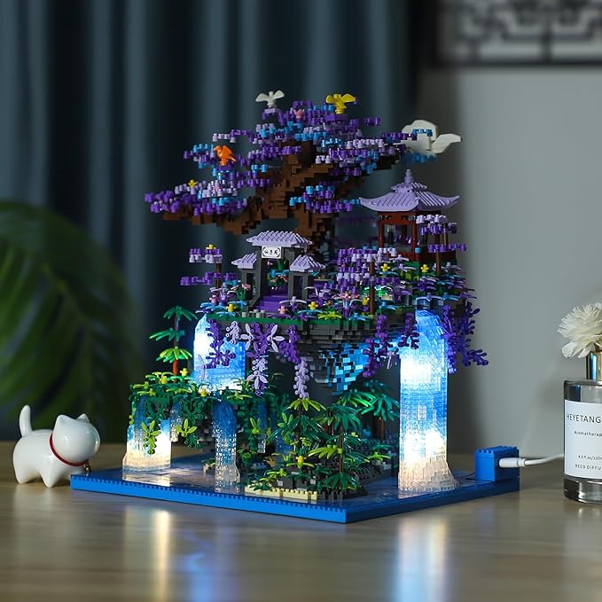 Chinese Moon Palace Pavilion Building Blocks Set - Micro Miniature Bonsai Tree House with String Lights and Flowers for Adults and Kids (4574 Pieces)