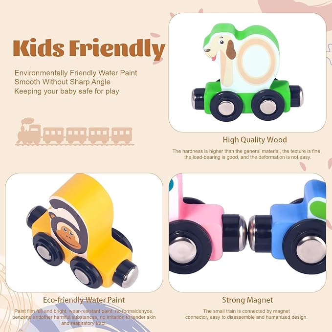 Toys for Toddlers, 12pc Wooden Magnetic Train Track Set with Animal and Digital Designs, Montessori Educational Toy for 2 3 4 5 Year Olds Boys and Girls Christmas Birthday Gift