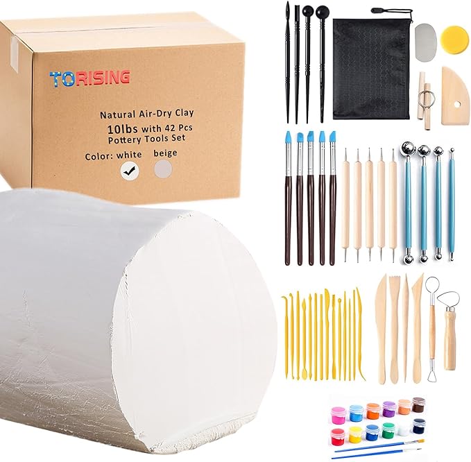 TORISING Air Dry Clay 10 LBs with 42 Pcs Set Pottery Clay Tools Set, 12 Vivid Colors 5ml Each and 2 Brushes for Hand Modeling and Throwing, Non-Toxic (White)