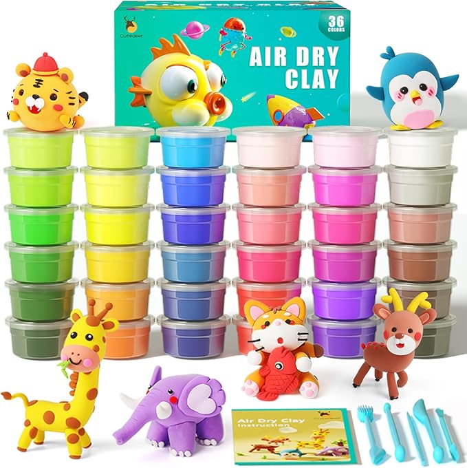 Cutedeer Air Dry Clay Kit, 36 Colors Modeling Clay for Kids, Soft Squishy Molding Clay with Sculpting Tools and Tutorials, Arts Crafts Gift for Boys Girls