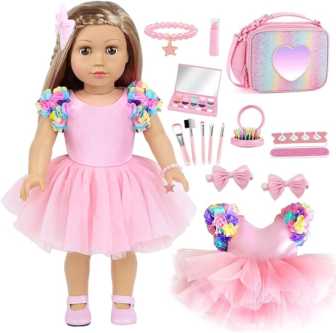 American 18 Inch Doll Clothes and Accessories Makeup Playset Fit 18 Inch Doll Including Fashion Skirt, Bag, Eye Shadow Plate, Lipstick, Comb Mirror, Pair of Hairpins, Makeup Brushes, Bracelet