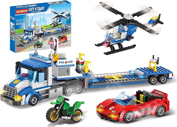 City Police Truck and Trailer Building Sets, Compatible with Lego Police Car with Tow Truck, Helicopter, Car, Motorcycle, Police Chase Building Blocks Toy Set Gift for Boys Aged 6-12, 509 PCS
