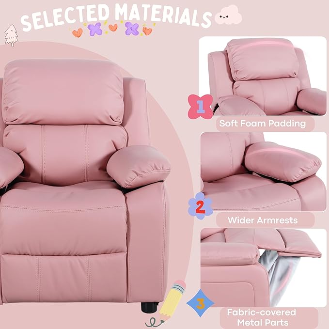 JC Home Macaron Kids Reclining Chair Leather Recliner Sofa Toddler Youth Children Child Ages 2-8