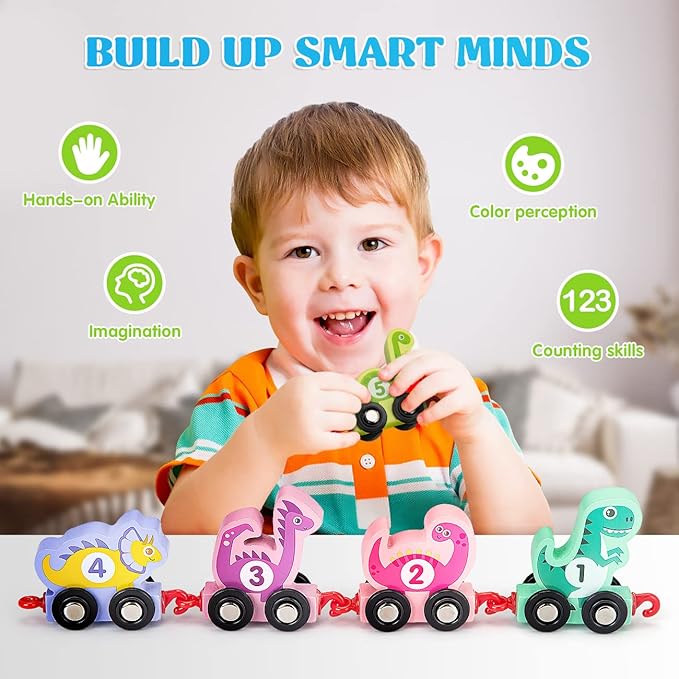 Toddler Toys for 2 Year Old Boy Easter Birthday Gifts, Wooden Dinosaur Train Set Montessori Toys for 2 Year Old, Learning Dinosaur Toys for Kids Ages 2-4 Boys Girls Toddler Toys 2-3
