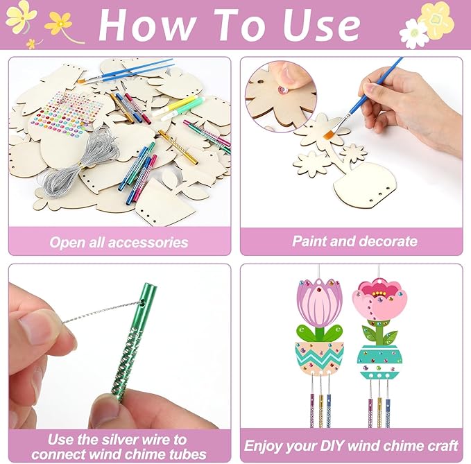 gisgfim 16 Pack Flower Wind Chime Crafts Kits for Kids Make Your Own Flower Wind Chime Wooden DIY Arts and Crafts Decoration for Birthday Party School Classroom Decorations Supplies Birthday Favors