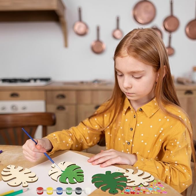Fennoral 9 Pack Tropical Wind Chime Kit for Kids Make You Own Monstera Leaf Wind Chimes Ornaments DIY Coloring Wooden Art and Craft for Summer Art Activities Aloha Hawaii Tropical Party Decorations