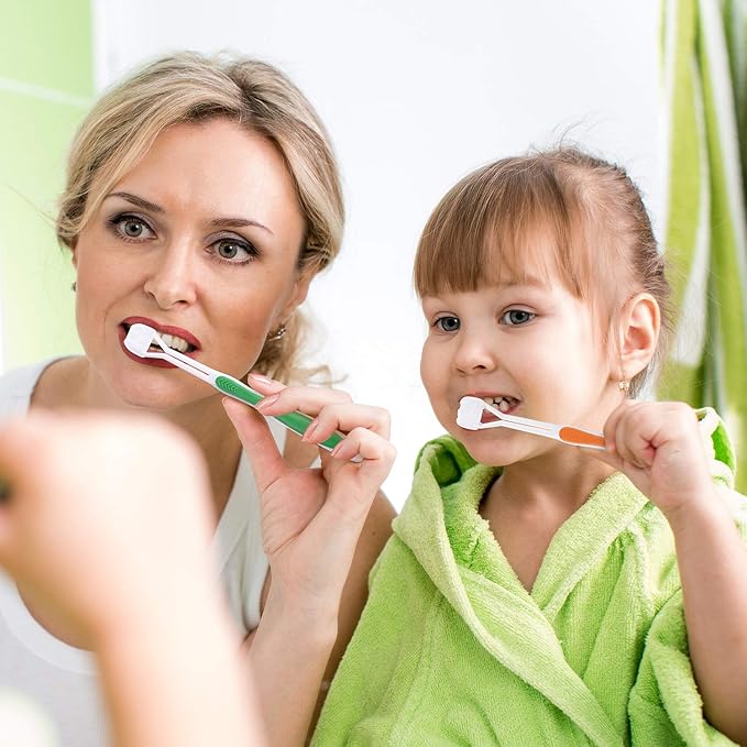 Boao 4 Pieces Three Sided Toothbrush Autism Sensory Toothbrush Bristle Travel Brush for Kids Complete Teeth Gum Care Good Angle Clean Tooth, Soft and Gentle(Green, Blue, Yellow, Red)