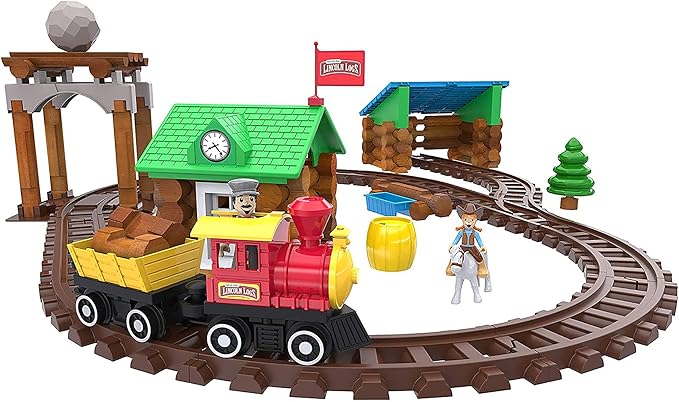 LINCOLN LOGS-Sawmill Express Train - 101 Parts - Real Wood Logs - Buildable Train Track-Ages 3+ - Best Retro Building Gift Set for Boys/Girls-Creative Construction Engineering-Preschool Education Toy