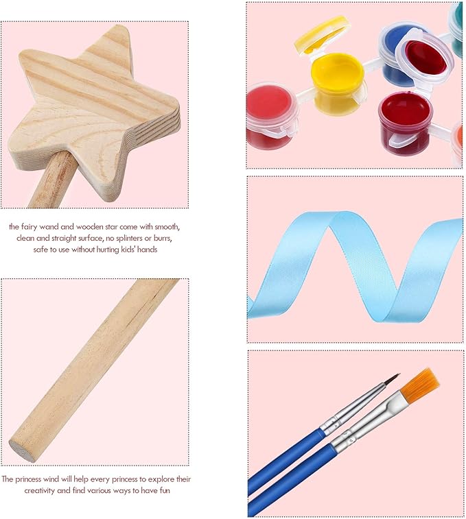 BBTO 24 Pieces Make Your Own Princess Wand Kit Include 2 Wooden Star Wands, 2 Dowels, 4 Satin Ribbons, 2 Gem Stickers, 6 Paints, 2 Paintbrushes, 6 Glitter Glues Pens Fairy Wand Art Craft Kit for Girl
