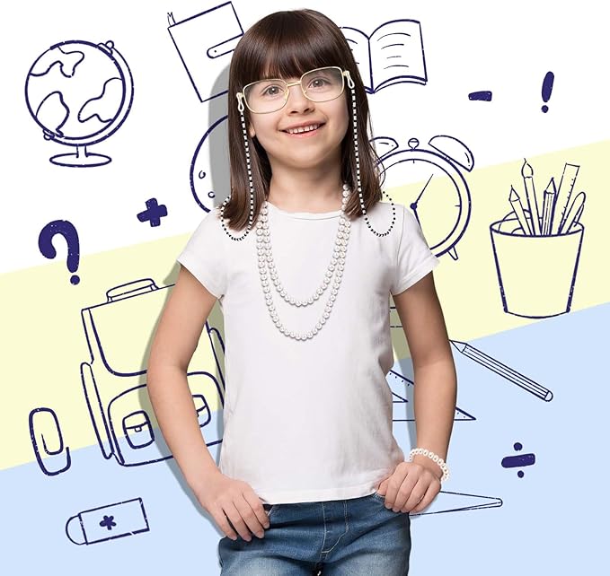 Kavoc 4Pcs Old Lady Costume Accessories Granny Grandma Dress up Eyeglasses Beaded Chain Faux Pearl Bead Necklace and Bracelet