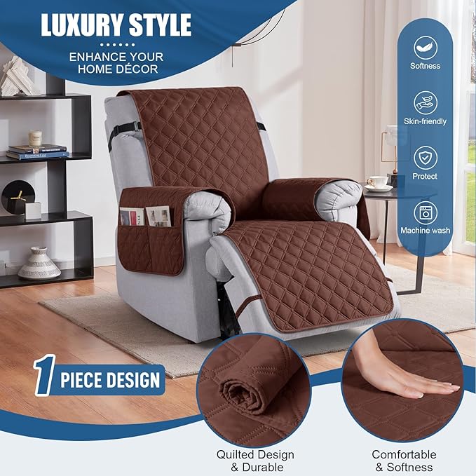 TAOCOCO 100% Waterproof Recliner Covers, Recliner Sofa Covers with Leg Straps, Reversible Recliner Couch Cover for Reclining Chair, Washable Couch Protector for Pets Kids(1 Seater 22", Coffee)