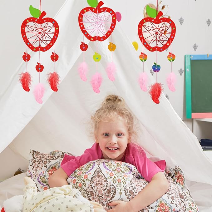 Fennoral 6 Pack Apple Dream Catcher Craft Kit for Kids Paint You Own Dream Catcher DIY Coloring Wooden Back to School Art and Craft for Classroom Art Activity First Day of School Decoration