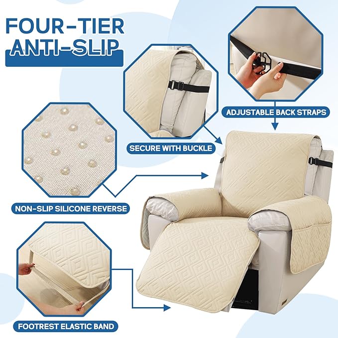 XINEAGE 100% Waterproof Recliner Cover, Non Slip Recliner Chair Cover with Elastic Band, Washable Recliner Slipcover with Storage Pockets for Kids, Pets (Beige, 28")