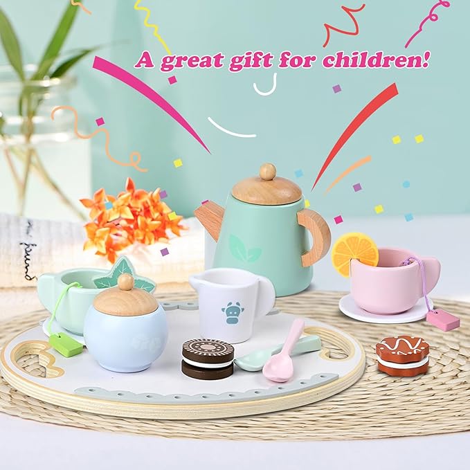 Toy Tea Party Set for Toddlers Girl,Wooden Tea Set Toys for 3-4-7 Year Old Girls ,Play Food Pretend Play for Toddlers…
