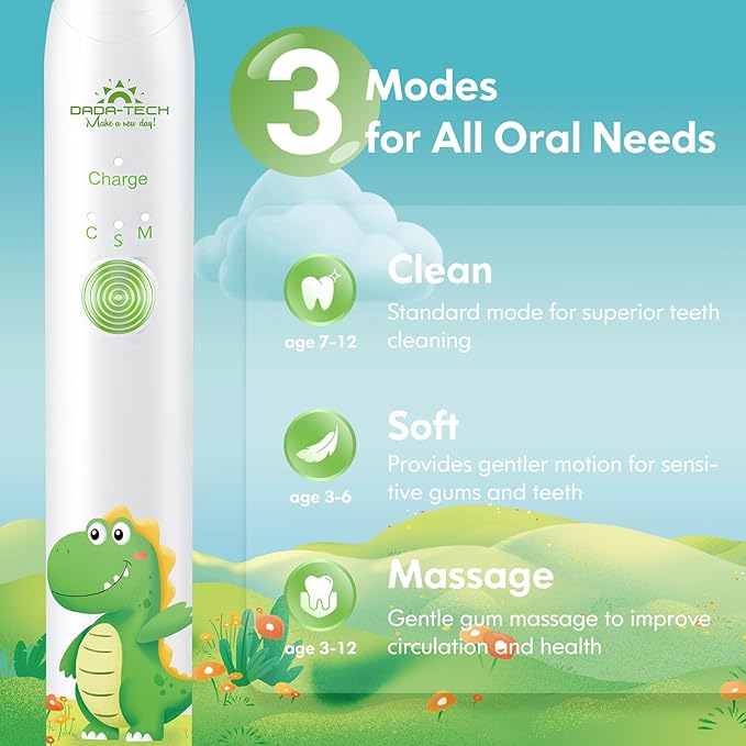 Kids Electric Toothbrush Rechargeable Age 3-5-6-12-18 Year Old, Dinosaur Toothbrush for Kids with Timer 3 Modes 4 Vibrating Heads Habit Stickers 31000VPM Boys Electric Toothbrush (Dinosaur White)