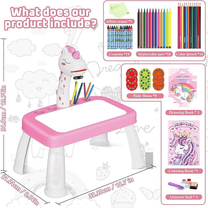 Drawing Projector for Kids，Projector for Drawing Toys for Ages 5-7，Drawing pad with Music，Pencils，Crayons，Scrapbook，Sticker Book，Unicorn Stickers，Kids Projector Unicorn Toys for Girls Age 4-6