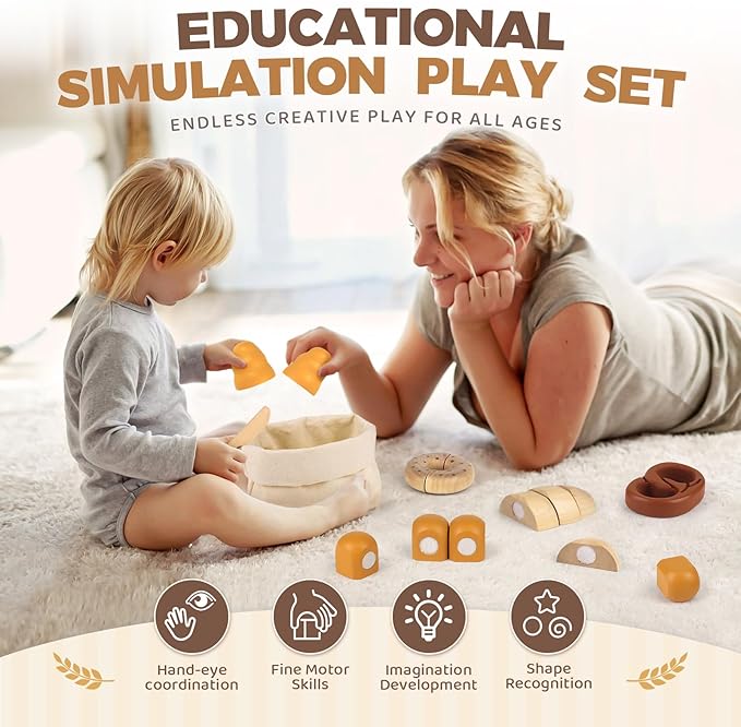 Wooden Play Food Bakery Toy Sets for Kids Kitchen Grocery Pretend Fake Food Accessories Playsets for Kids Ages 4-8 Birthday Gift for Boys Girls Educational Toys
