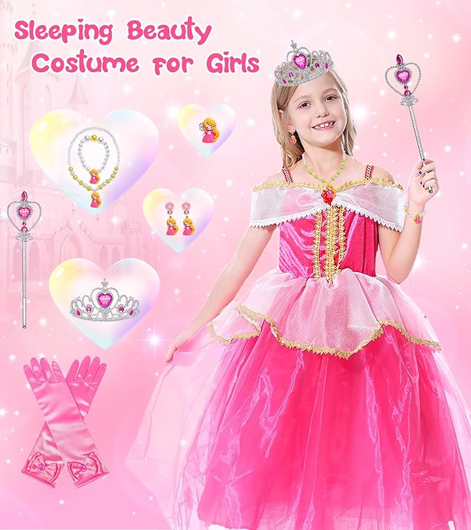 Princess Dress Up Clothes for Little Girls, Belle Costume Dress with Accessories for Birthday Party Cosplay Halloween