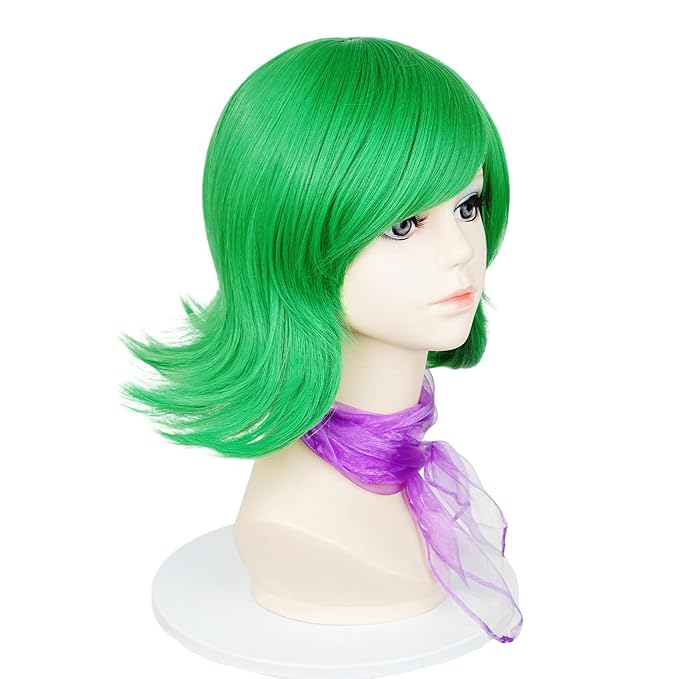 Probeauty Short Green Wig for Kids Cosplay, Green Bob Costume Wig for Halloween Cosplay Party with Scarf