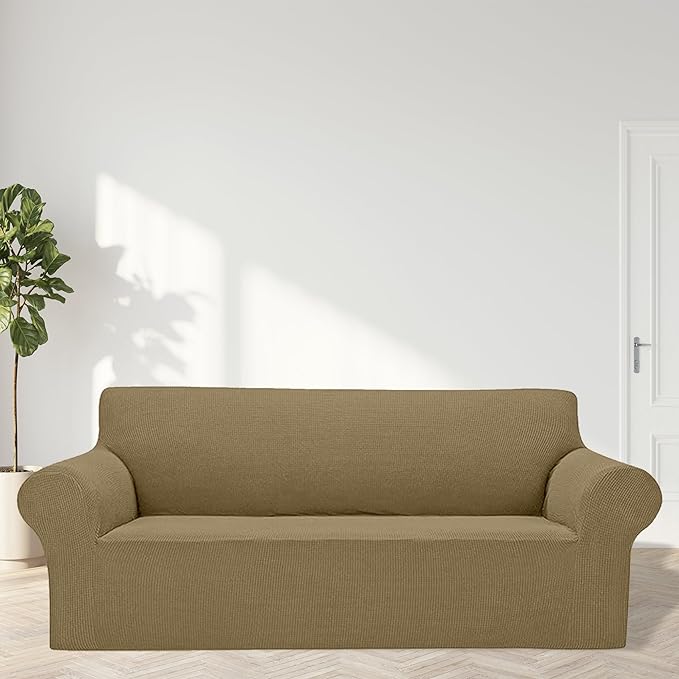 2025 New Stretch Oversized Sofa Slipcovers Couch Sofa Cover for 4 Seater Furniture Protector Covers with Elastic Bottom Jacquard Fabric Small Checks for Pets, Kids - Tan