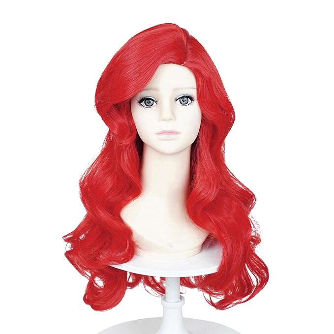 Probeauty Mermaid Wig, Red Long Wave Cosplay Wig with Necklace Bracelet Earrings Ring for Halloween Costume 21 Inches