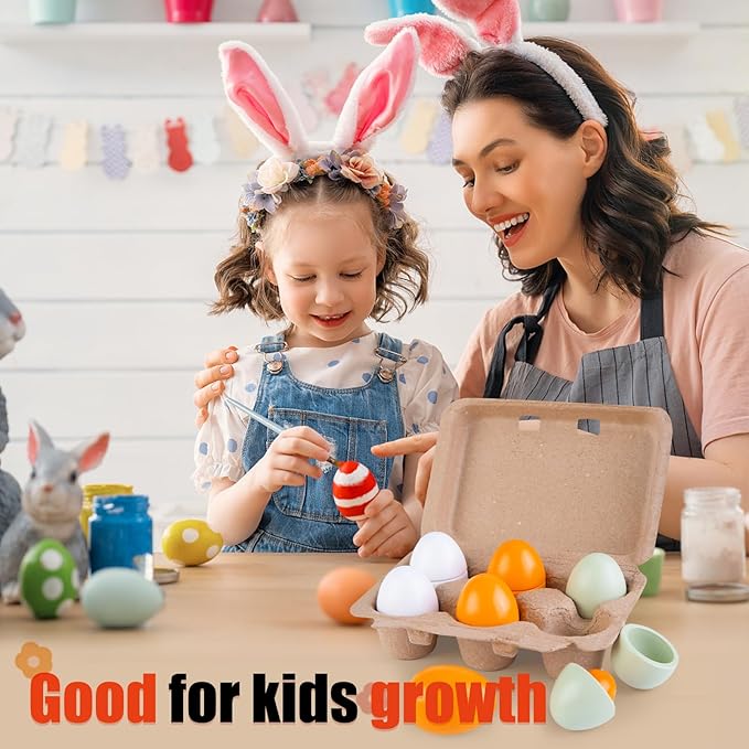 3 Otters 12PCS Egg Play Food Set for Kids Kitchen, Wooden Egg Toys Pretend Separable Egg with Yolk Painting Eggs for Kids Early Development Learning Birthday