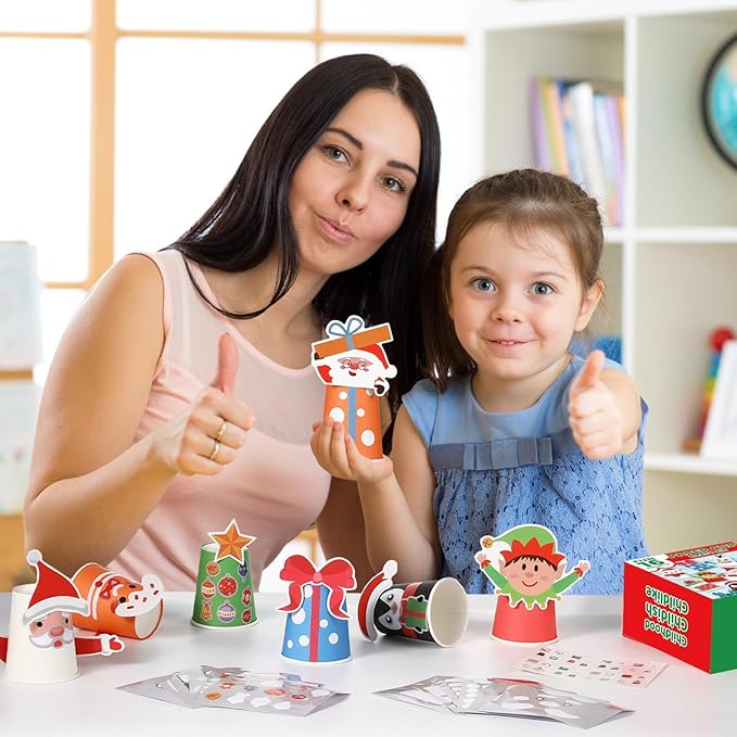 ZOIIWA 16 Pack Christmas Arts and Crafts Create Your Own Christmas Crafts Using Cups Christmas Theme Craft DIY Kit Xmas Holiday Paper Cup Art Kit Xmas Art Supplies