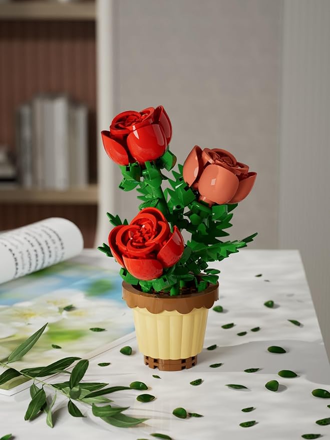 Rose Flower Potted Bonsai Building Toys Blocks Particle Flower Botanical Mini
