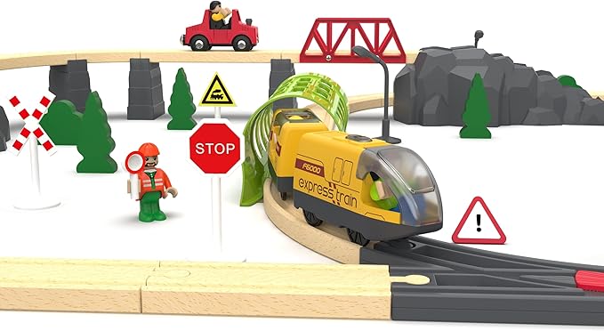 Battery Operated Train for Wooden Track, Electric Train Set Includes Remote Control Locomotive Train & Train Tunnel, Motorized Train Toy for Toddlers Compatible with Thomas, Brio, Chuggington