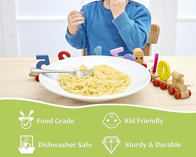 TeamFar Toddler Forks, 6 Pcs Stainless Steel Kids Utensil Small Fork for Child Self Feeding, with Line Patterned Edge, Non Toxic & Healthy, Mirror Surface & Dishwasher Safe, Easy to Grip