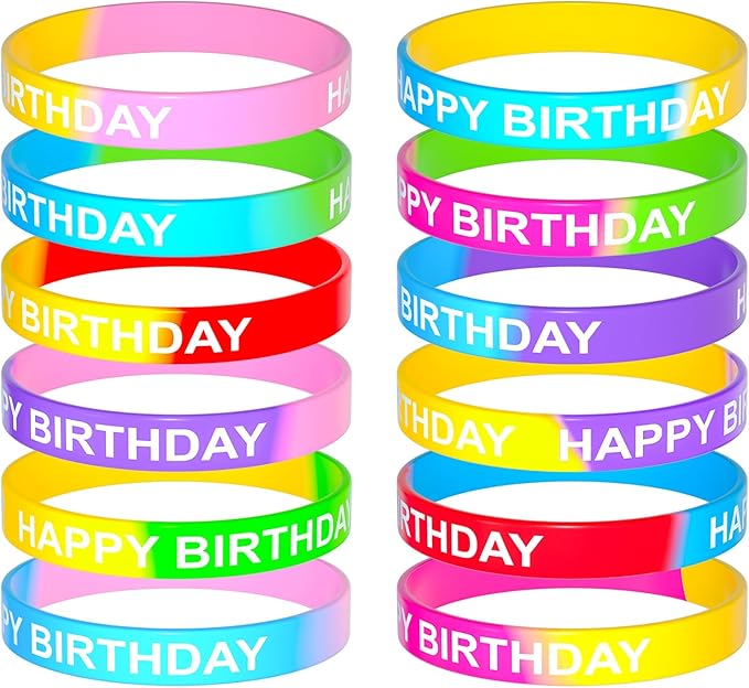 CHRORINE Happy Birthday Rubber Bracelets 12 Styles Silicone Wristbands for Classroom Birthday Party Favors 24 Pieces