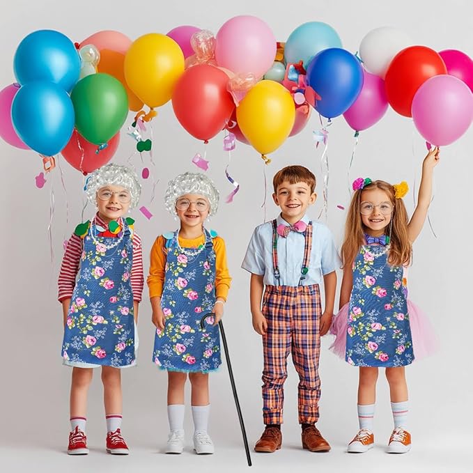 Kyson Girls Old Lady Costume for Kids 9 Pcs 100th Days of School Granny Wig Apron Outfit Halloween Dress Up Accessories