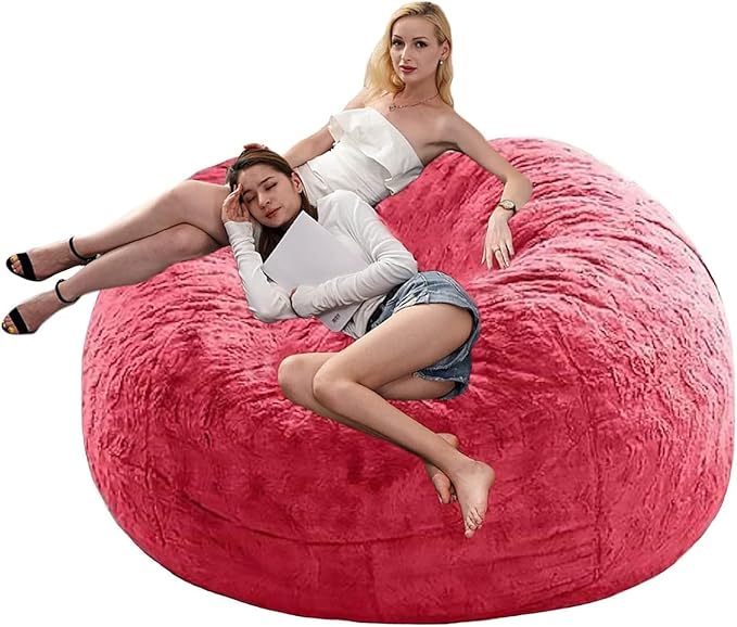 DELADOLA Bean Bag Cover(NO Filler,Cover ONLY) Big Bean Bag Storage Chair Bean Bag Sofa Chair Soft Fluffy Fur Portable Living Room Sofa Bed Cover (Rose Red, 6FT)