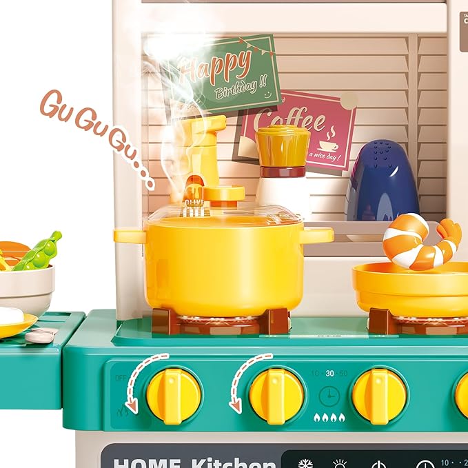 deAO Play Kitchen Set for Kids Boys 50PCS Play Kitchen Accessories with Sounds Light Steam Pretend Play Kitchen Toy Birthady Christams Gifts for Toddler Aged 2-12 Years