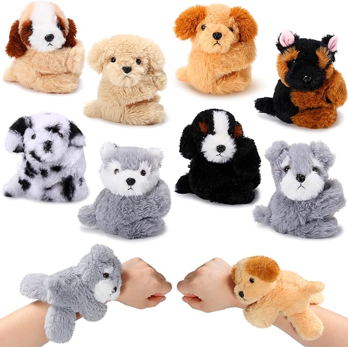 Liliful 8 Pack Kids Valentine's Day Gifts Stuffed Animal Cat Slap Bracelets, Valentines 8 Inch Plush Wrist Cute Snap Bracelets Birthday for Boys Girls Child Bulk Items Party Favors(Puppies)