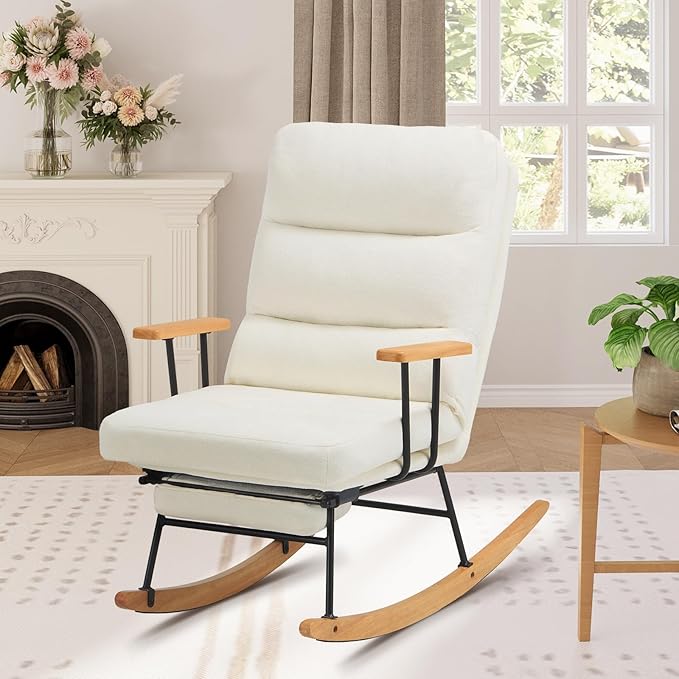 Rocking Chair with Footrest-Glider Rocker Chair with Retractable Footrest and Adjustable Backrest, Teddy Upholstered Rocking Chair Set of 2, Accent Chair for Living Room/Nursery/Bedroom/Outdoor-Beige