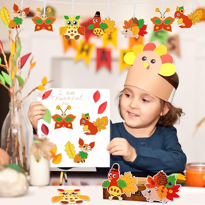 Fall Craft Kits for Kids Cute Animals Turkey Autumn Owl Crafts DIY Maple Leaves Thanksgiving Crafts Bulk for Fall Theme Party Home Classroom Game Activities Party Favors (48 Sets)