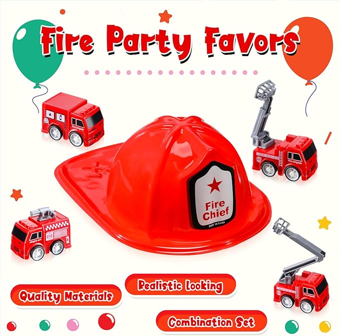 Poen 100 Pieces Mini Fire Engine Toy Trucks Firefighter Chief Soft Plastic Hat Silicone Bracelets Firefighter Birthday Party Supplies Fire Truck Toy Party Favor for Kids Boys Girls