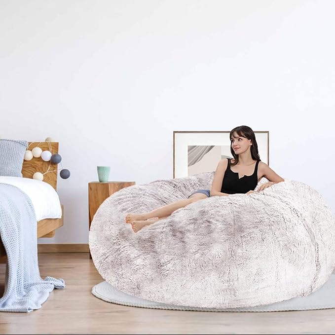 Bean Bag Chair for Adults Kids Without Filling Comfy Fluffy Oversized Round Beanbag Chair Lazy Sofa Cover for Reading Chair Floor Chair, 3.5FT, Snow Pink