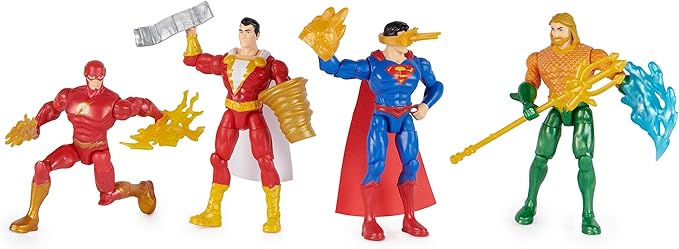 DC Comics, Action Figures 4-Pack, Superman, The Flash, Shazam!, Aquaman 4-inch Figures, Accessories, Superhero Kids Toys for Boys and Girls, Ages 3+