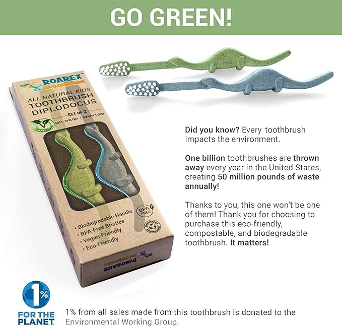 ROARex® All-Natural Eco Friendly Kids Toothbrush Made from Plants - Dinosaurs 4-36m - Baby to Toddler - Blue/Green - 4pk | 1% for The Planet Product