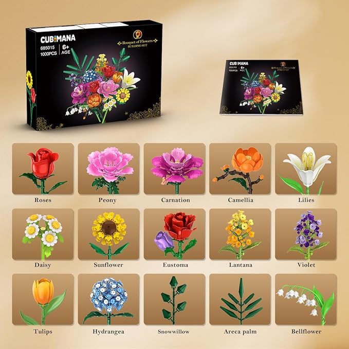 Flower Bouquet Building Set - 1000 PCS Bouquet Botanicals Collection Gift for Valentine's Day for Her and Him, 15 Artificial Flowers Building Blocks Home Plant Decor for Adults Women Birthday