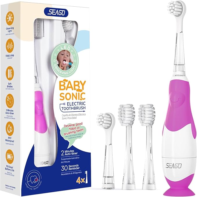SEAGO Toddler Electric Toothbrushes for Baby Ages 0-3 Years, Baby Toothbrush with Smart Timer and Suction Base, 4 Replacement Brushheads (Purple-C)