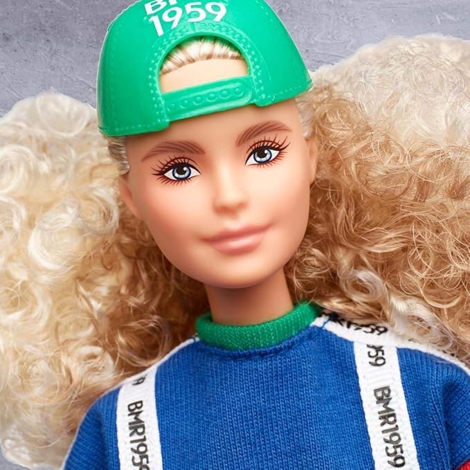 Barbie BMR1959 Fashion Doll with Curly Blonde Hair, in Color Block Sweatshirt with Logo Tape, Fully Poseable, with Accessories and Doll Stand