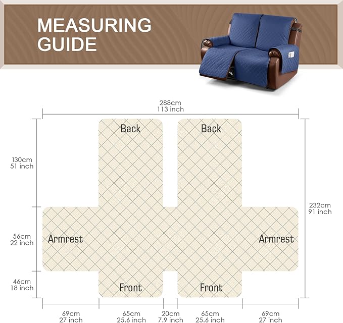 KinCam Waterproof Loveseat Recliner Cover, Non-Slip Reclining Couch Covers for 2 Seat, Recliner Sofa Cover Furniture Protector with Elastic Straps for Kids, Pets, Blue